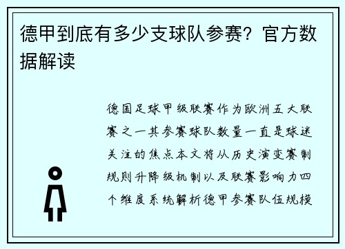 德甲到底有多少支球队参赛？官方数据解读