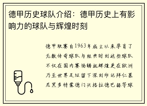 德甲历史球队介绍：德甲历史上有影响力的球队与辉煌时刻