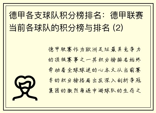 德甲各支球队积分榜排名：德甲联赛当前各球队的积分榜与排名 (2)